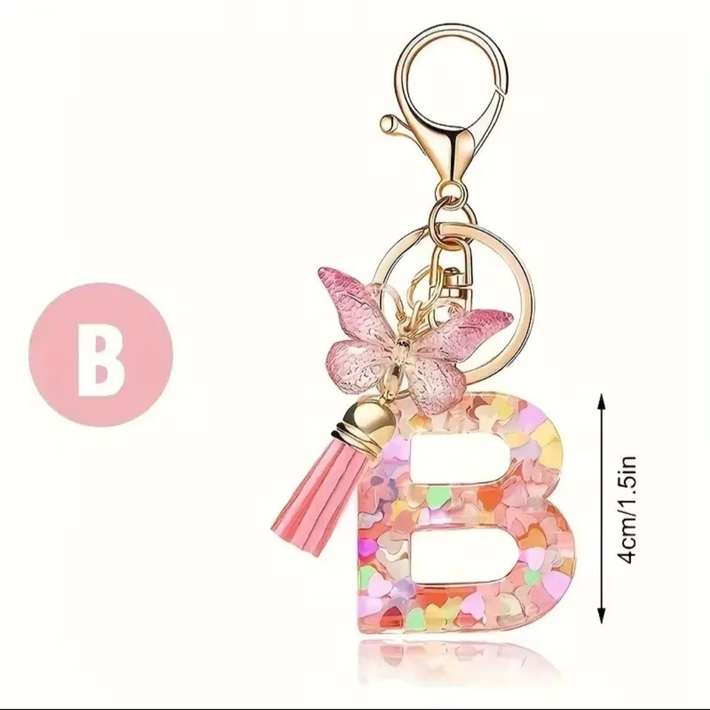 Initial Letter Keyring — Pink Butterfly & Confetti