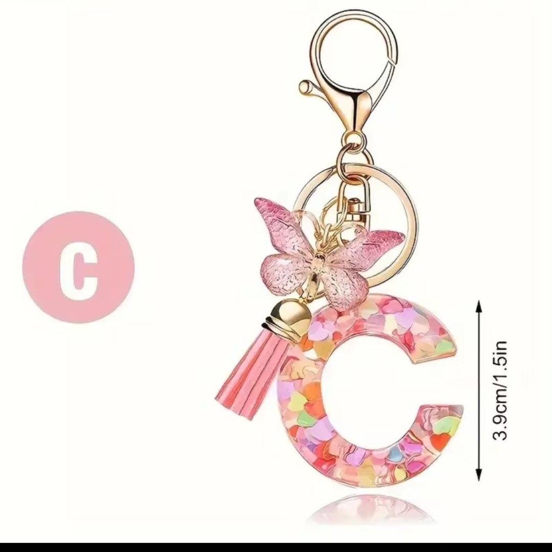 Initial Letter Keyring — Pink Butterfly & Confetti