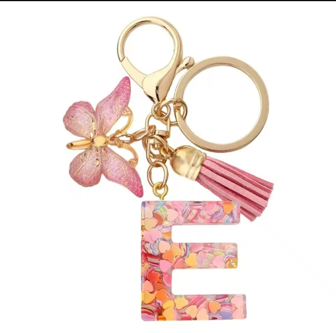 Initial Letter Keyring — Pink Butterfly & Confetti