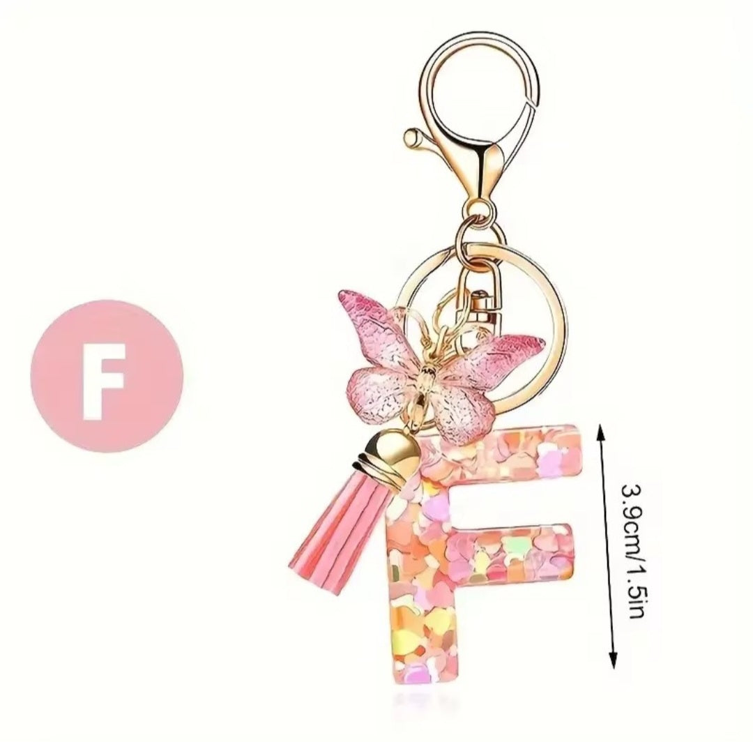 Initial Letter Keyring — Pink Butterfly & Confetti
