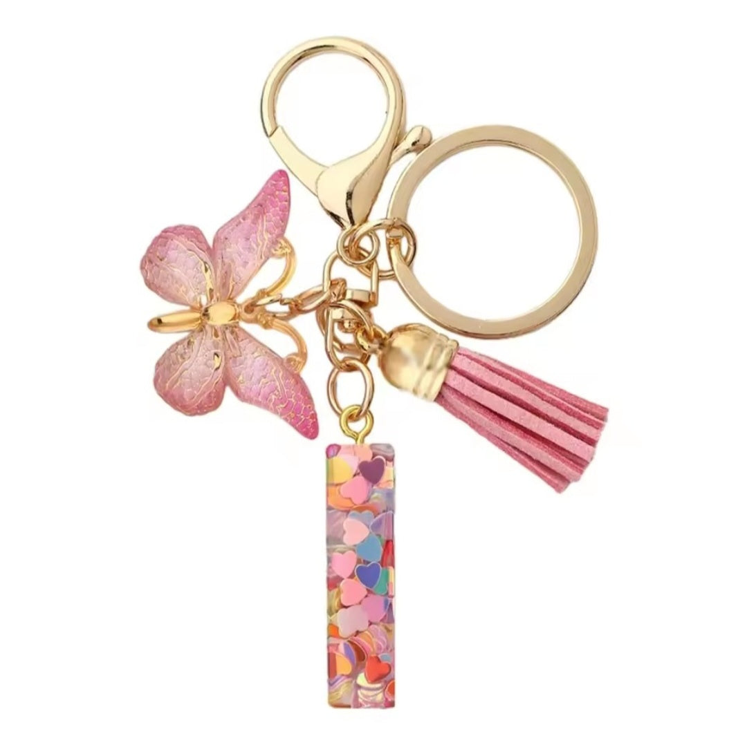 Initial Letter Keyring — Pink Butterfly & Confetti
