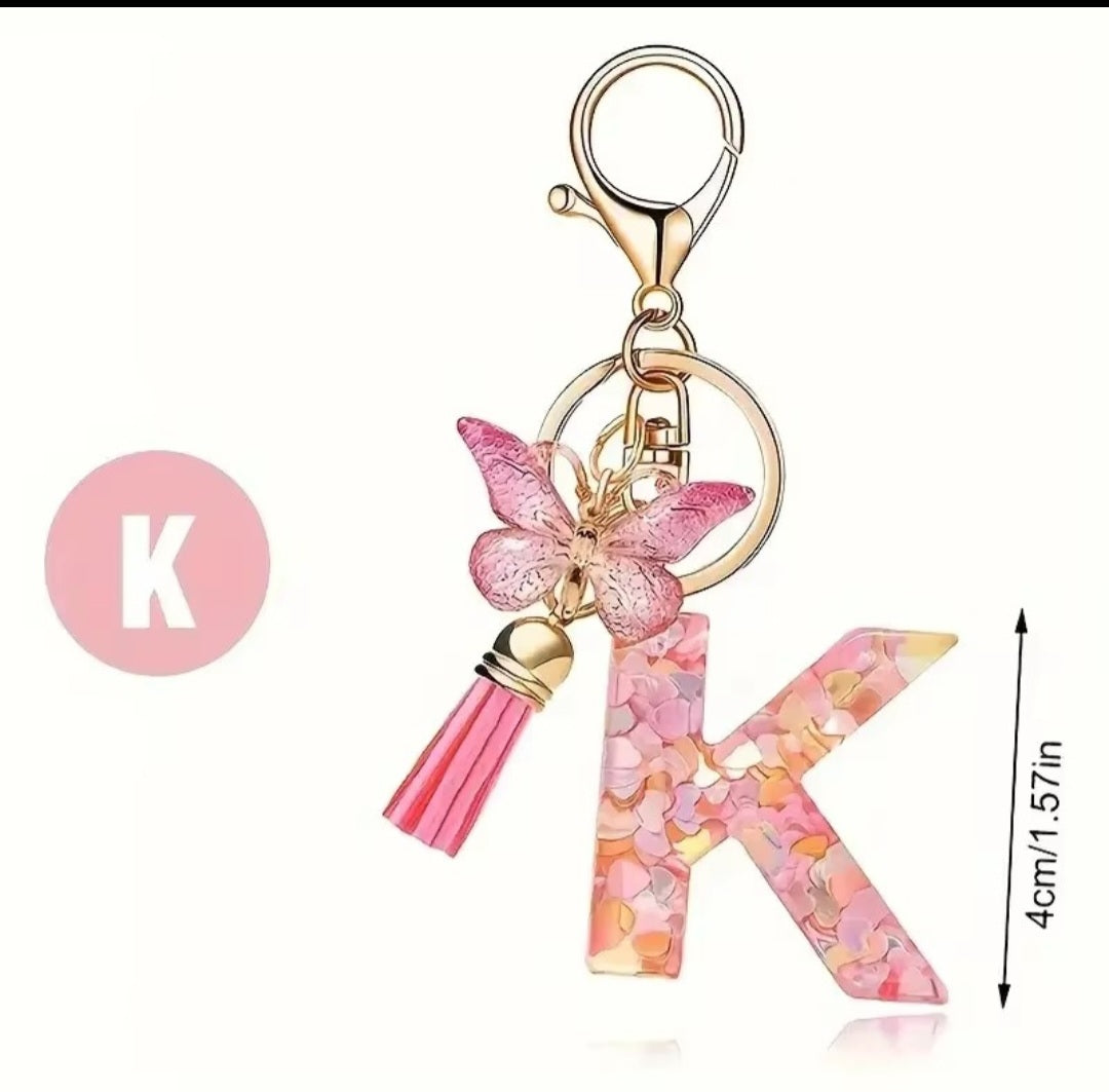 Initial Letter Keyring — Pink Butterfly & Confetti