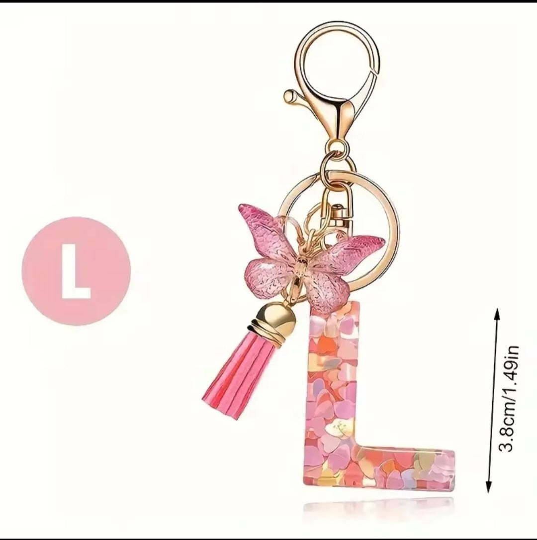 Initial Letter Keyring — Pink Butterfly & Confetti