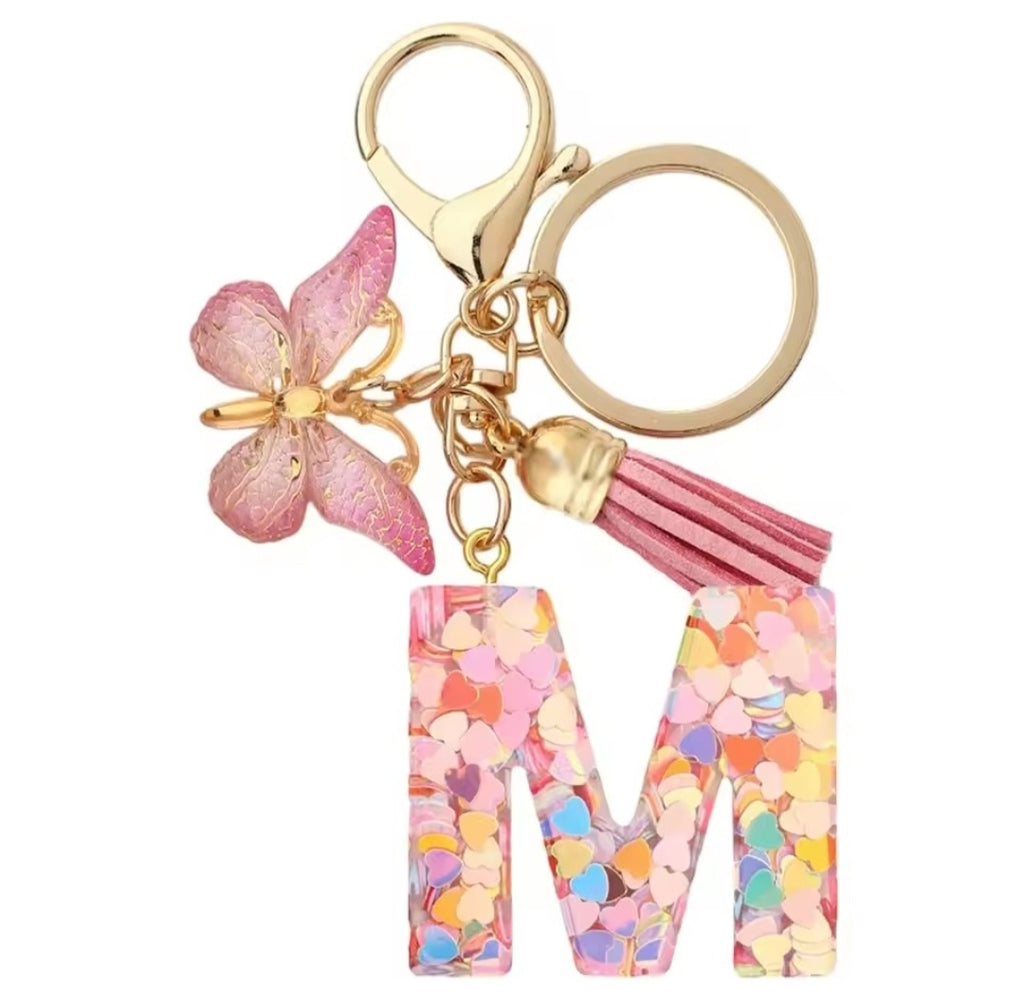 Initial Letter Keyring — Pink Butterfly & Confetti