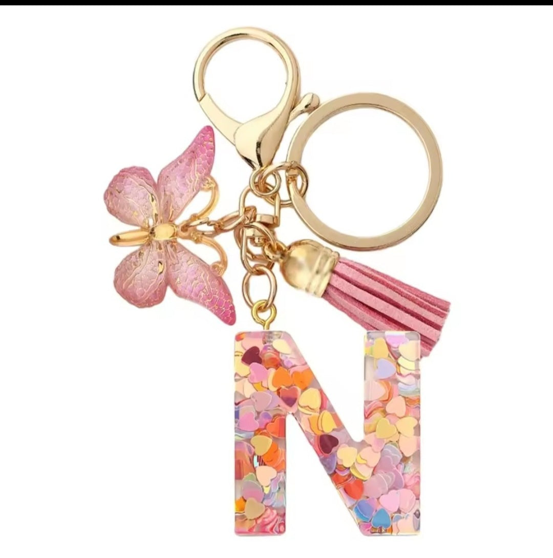 Initial Letter Keyring — Pink Butterfly & Confetti