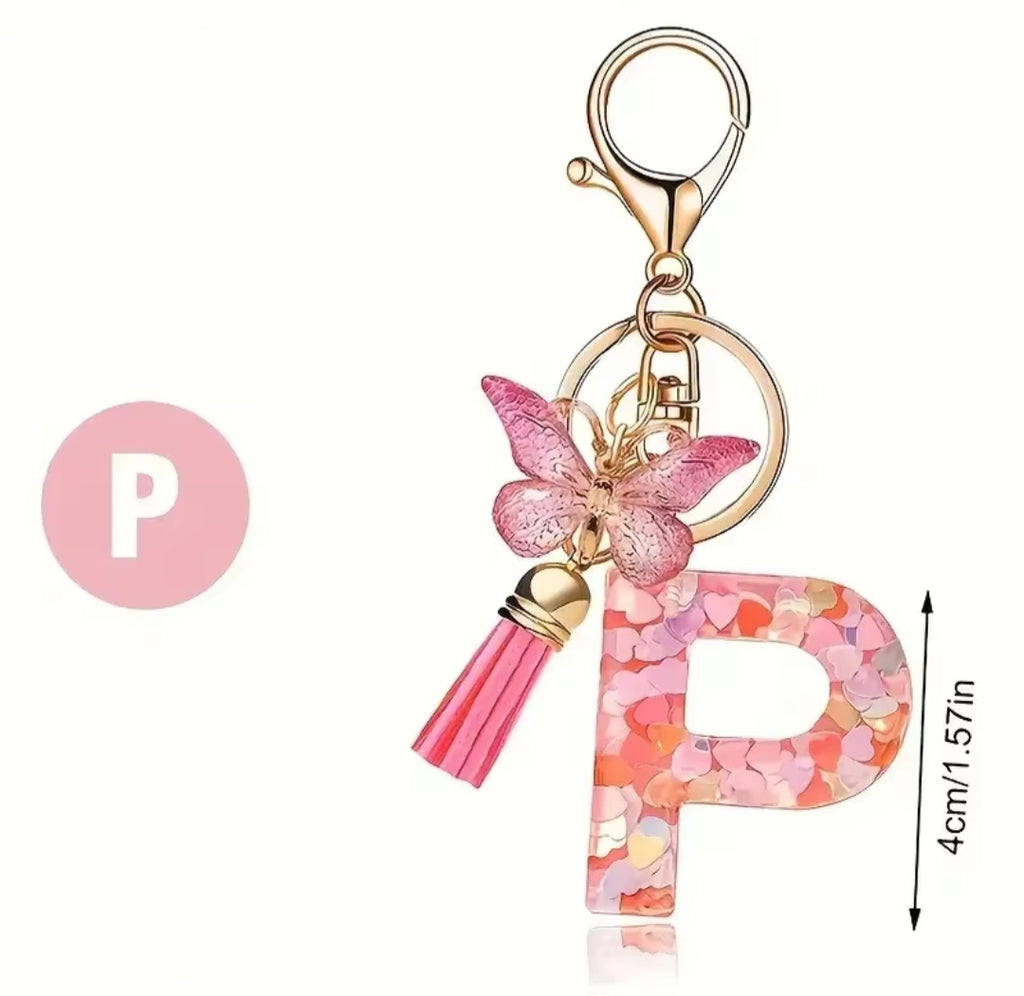 Initial Letter Keyring — Pink Butterfly & Confetti