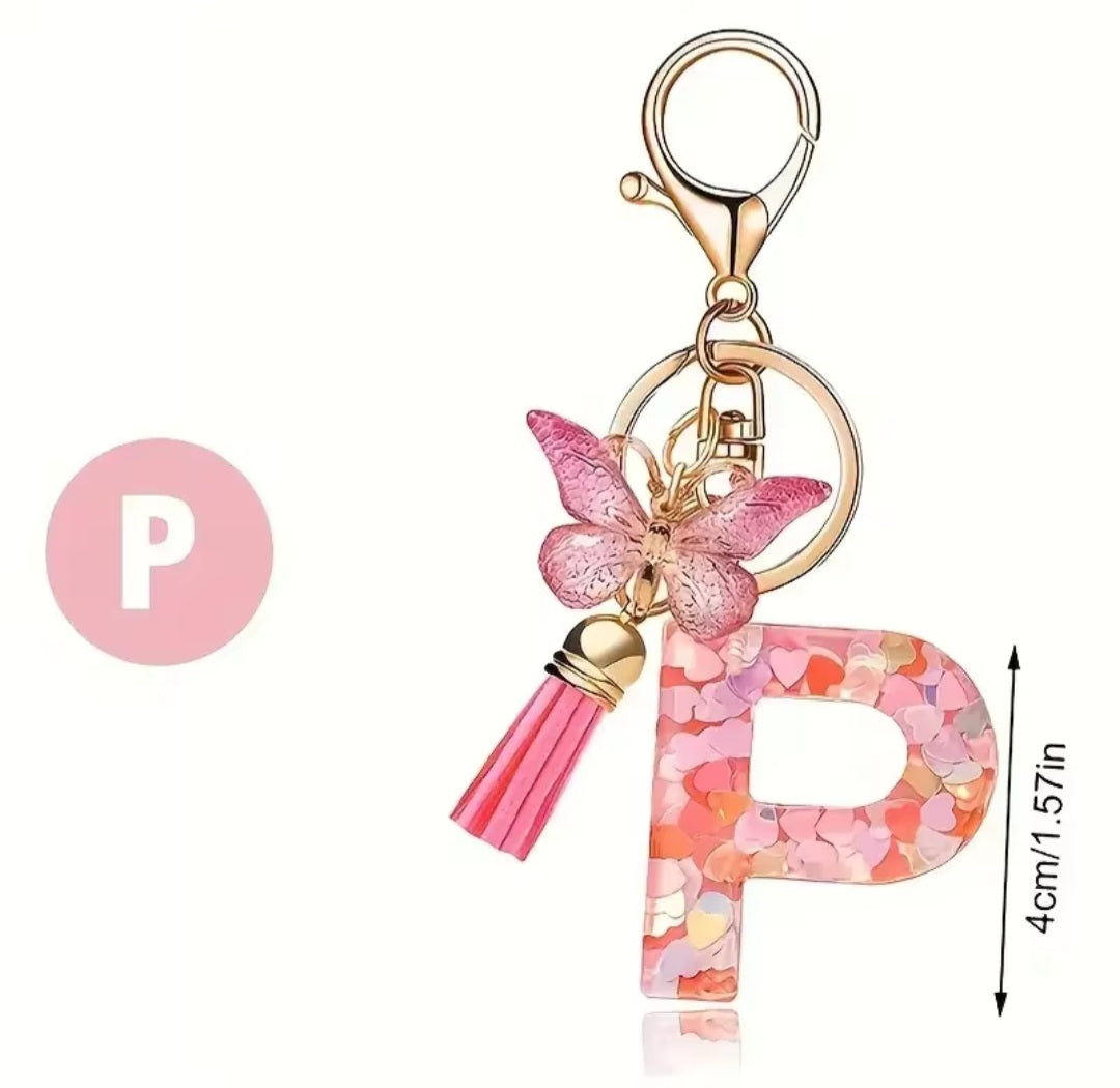 Initial Letter Keyring — Pink Butterfly & Confetti