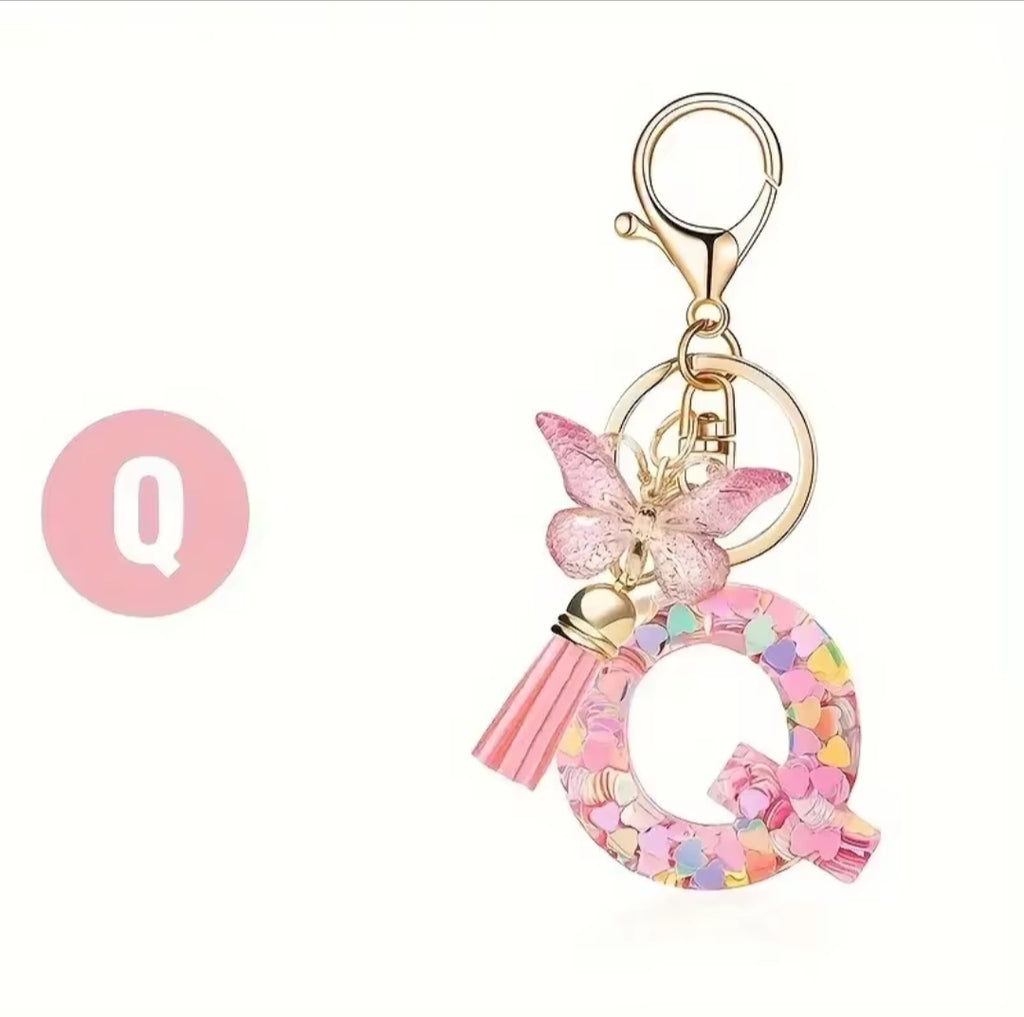 Initial Letter Keyring — Pink Butterfly & Confetti