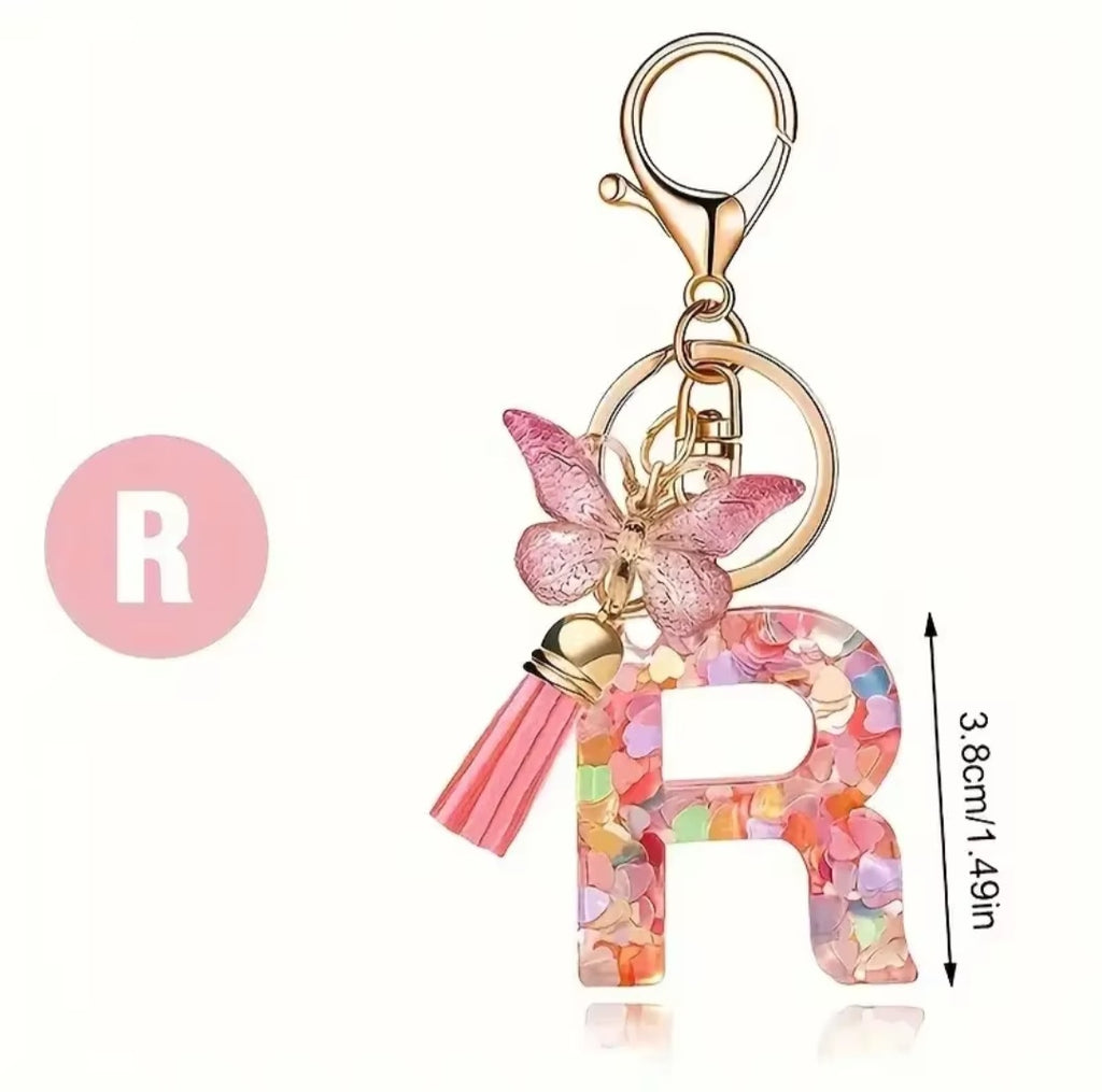 Initial Letter Keyring — Pink Butterfly & Confetti