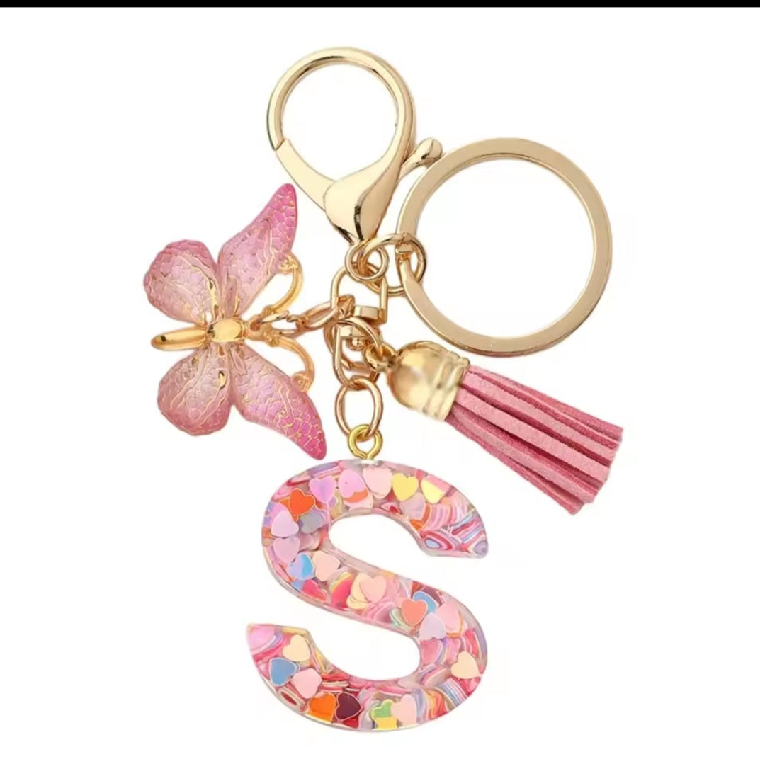 Initial Letter Keyring — Pink Butterfly & Confetti