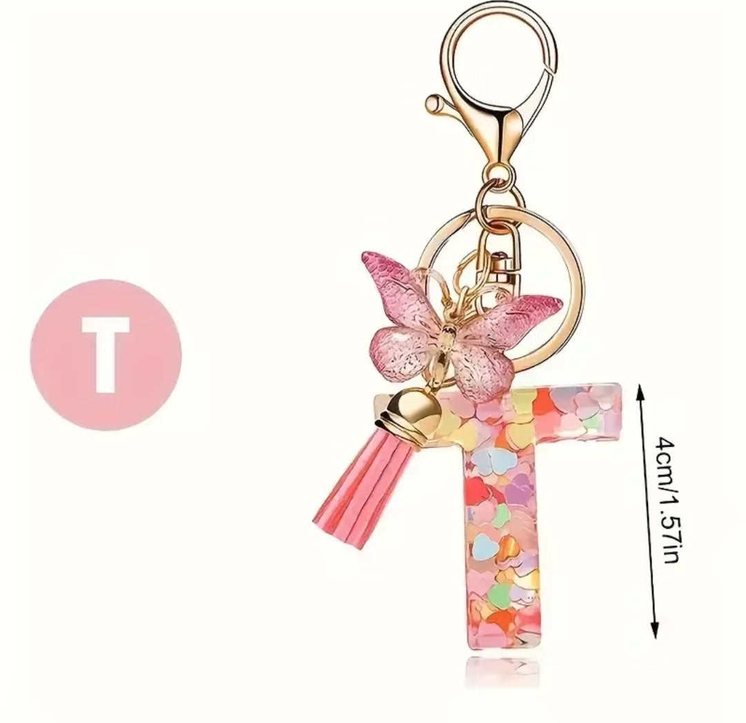 Initial Letter Keyring — Pink Butterfly & Confetti