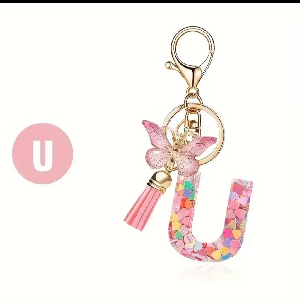 Initial Letter Keyring — Pink Butterfly & Confetti
