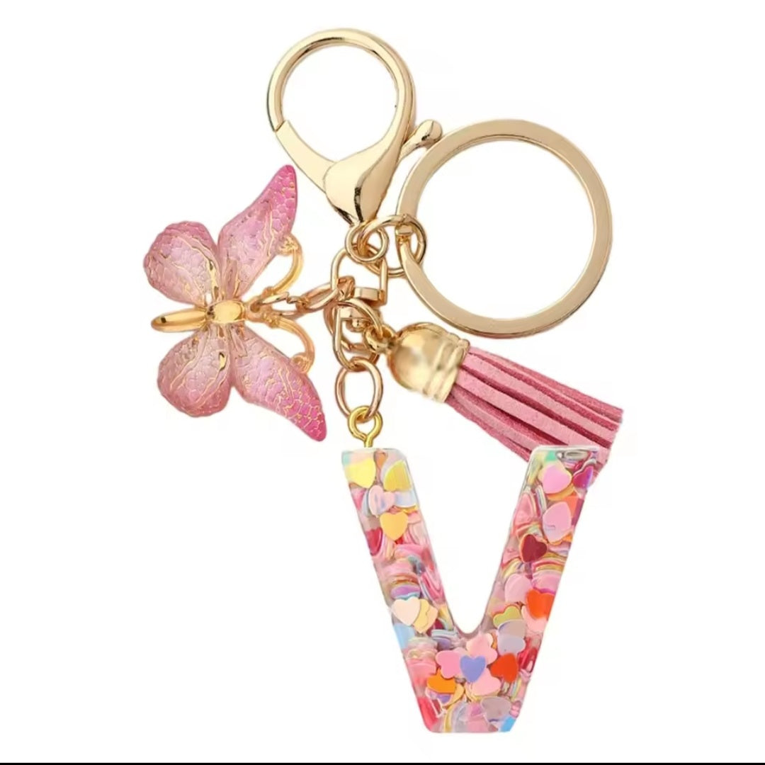 Initial Letter Keyring — Pink Butterfly & Confetti
