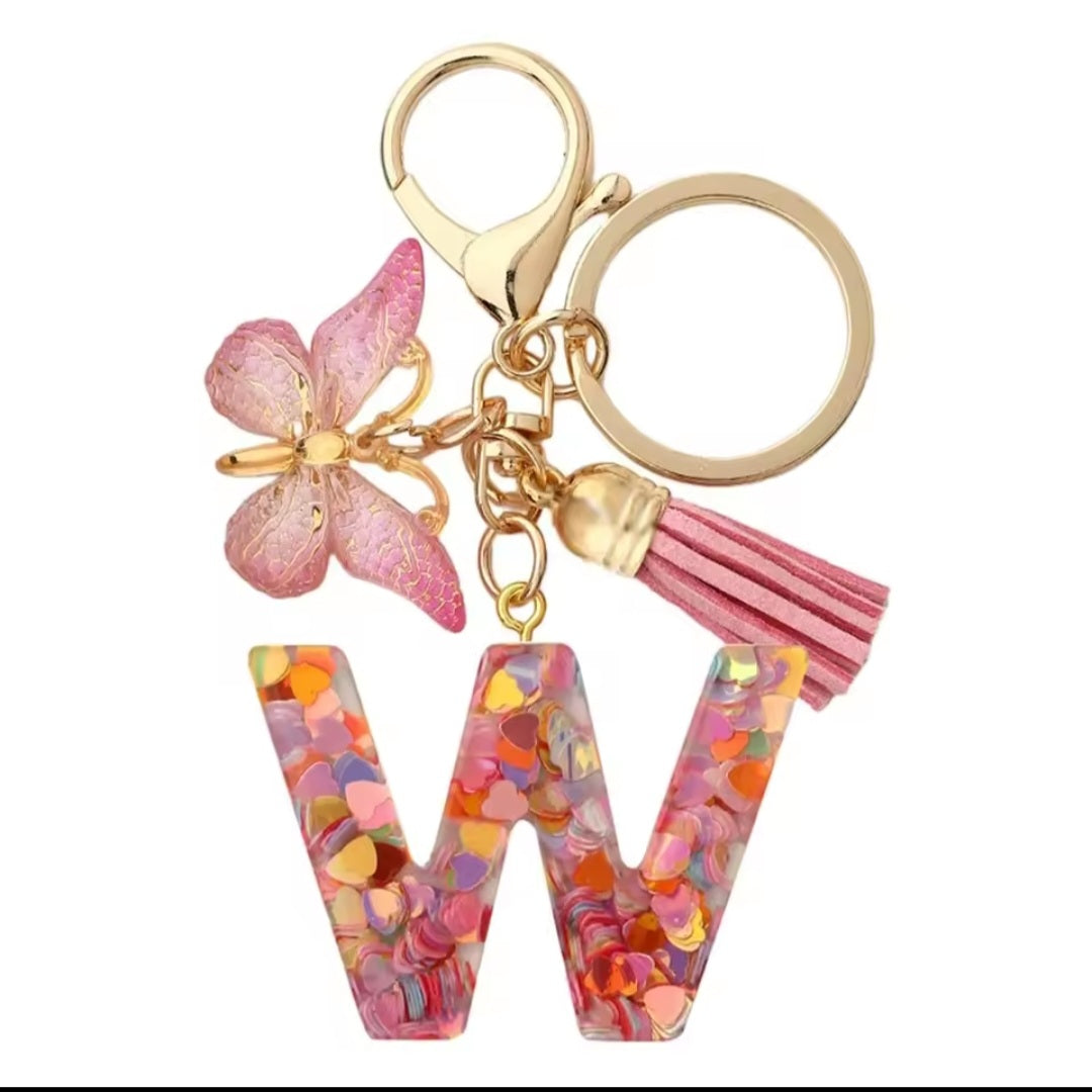 Initial Letter Keyring — Pink Butterfly & Confetti