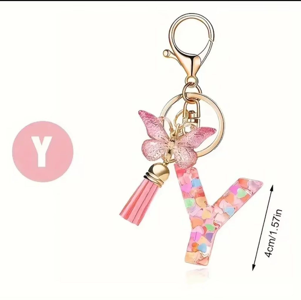 Initial Letter Keyring — Pink Butterfly & Confetti