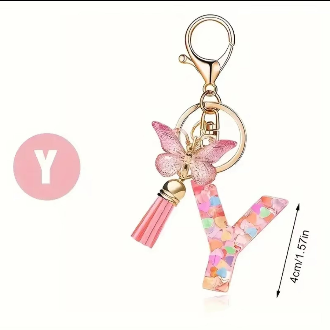 Initial Letter Keyring — Pink Butterfly & Confetti