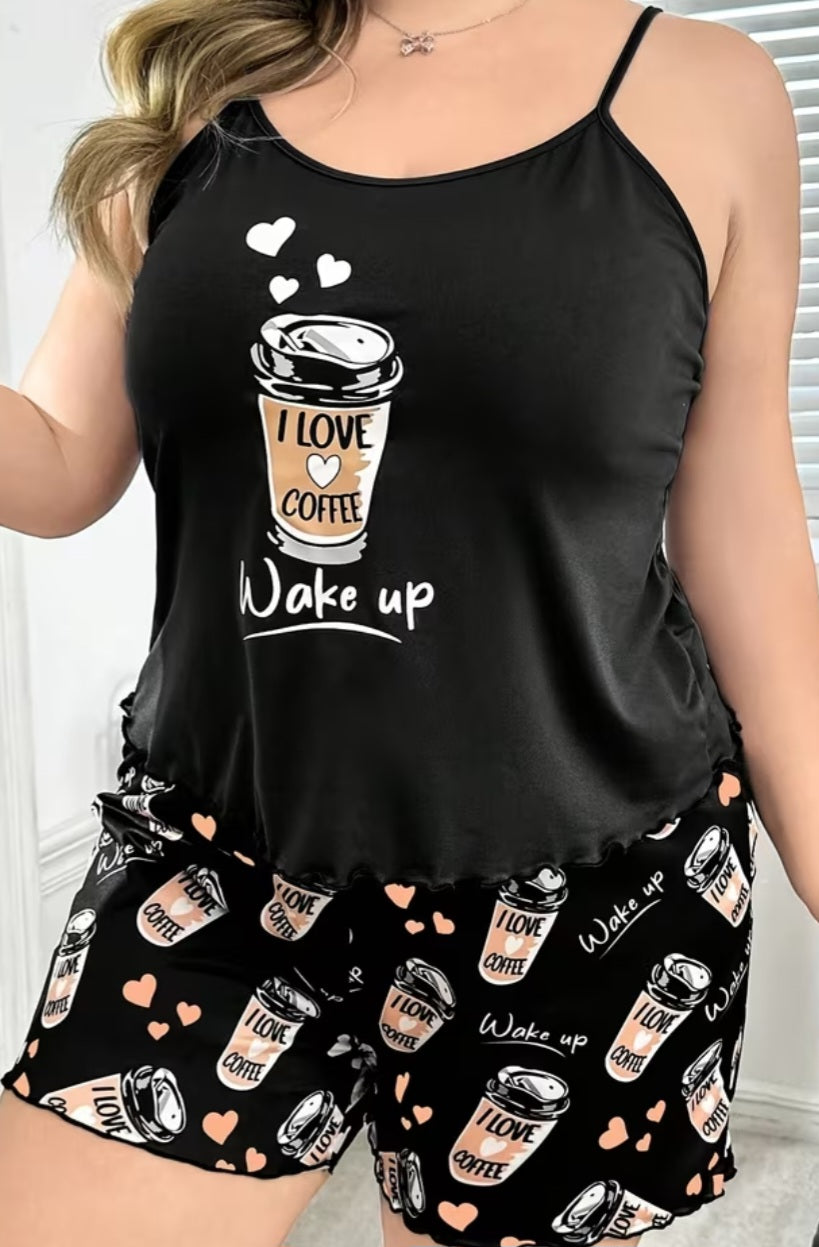 I Love Coffee Plus Size Strap Top & Shorts Pyjama Set