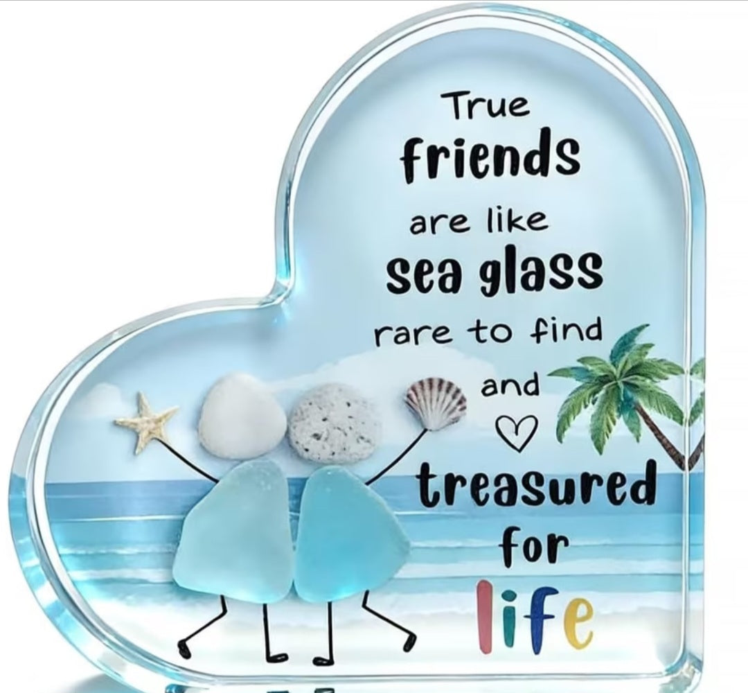True Friends Sea Glass Heart Plaque