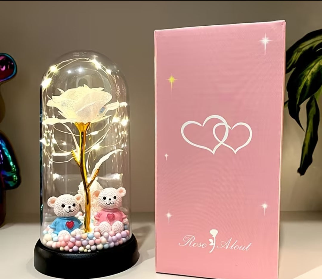 LED Rose Bear Couple Glass Dome Gift Set