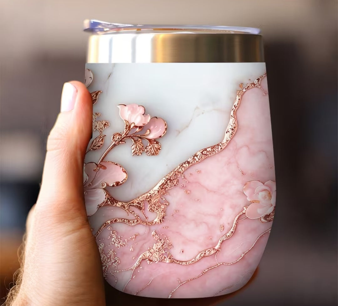 Pink Marble Rose Gold Floral Tumbler