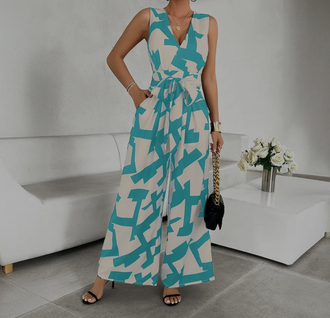 Teal Geometric Print Jumpsuit