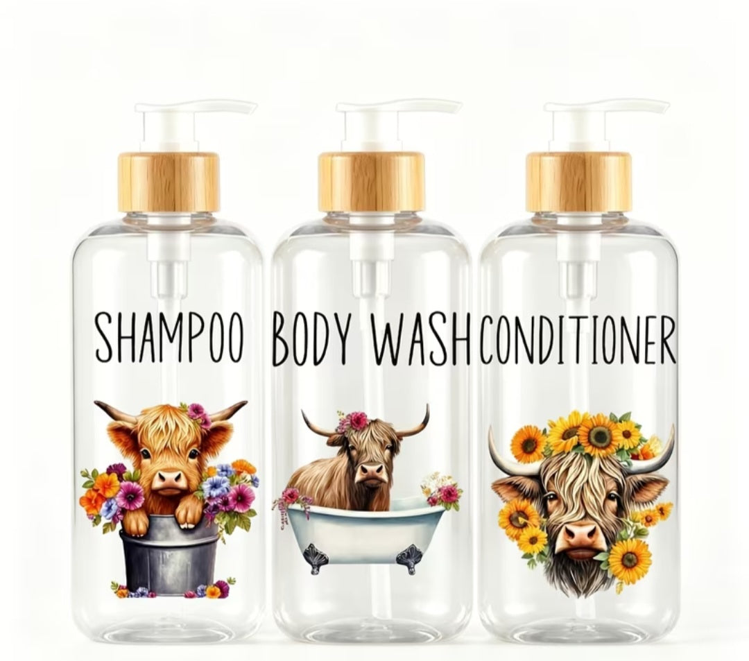 Highland Cow Pump Bottle Set – Shampoo, Body Wash & Conditioner
