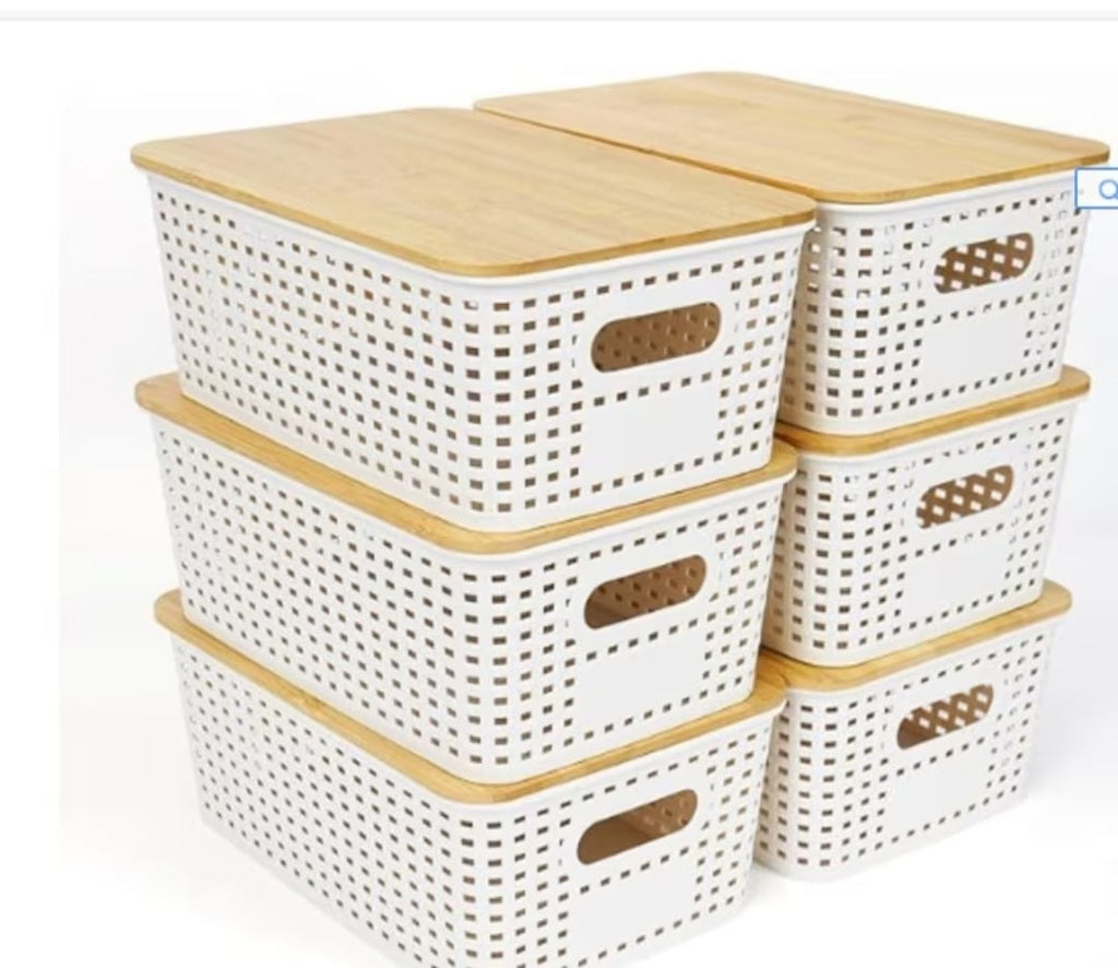 Set of 6 white rattan-effect storage baskets with bamboo lids
