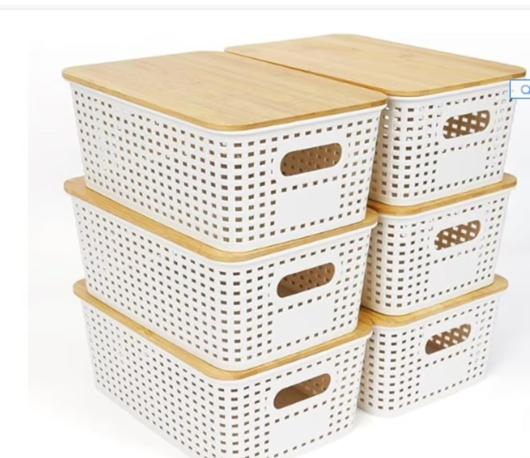 Set of 6 white rattan-effect storage baskets with bamboo lids