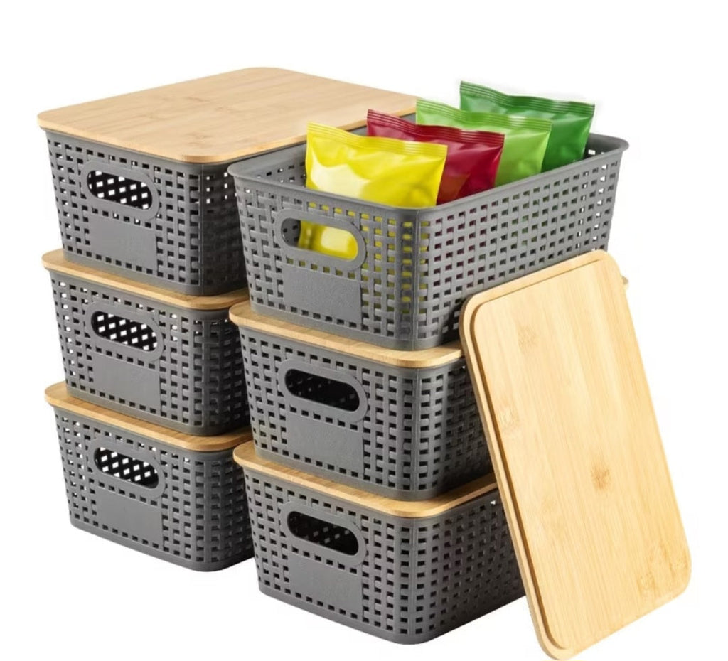 Set of 6 grey rattan-effect storage baskets with bamboo lids