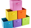 Set of 6 colourful foldable fabric storage cubes in pink, yellow, orange, blue, purple and green