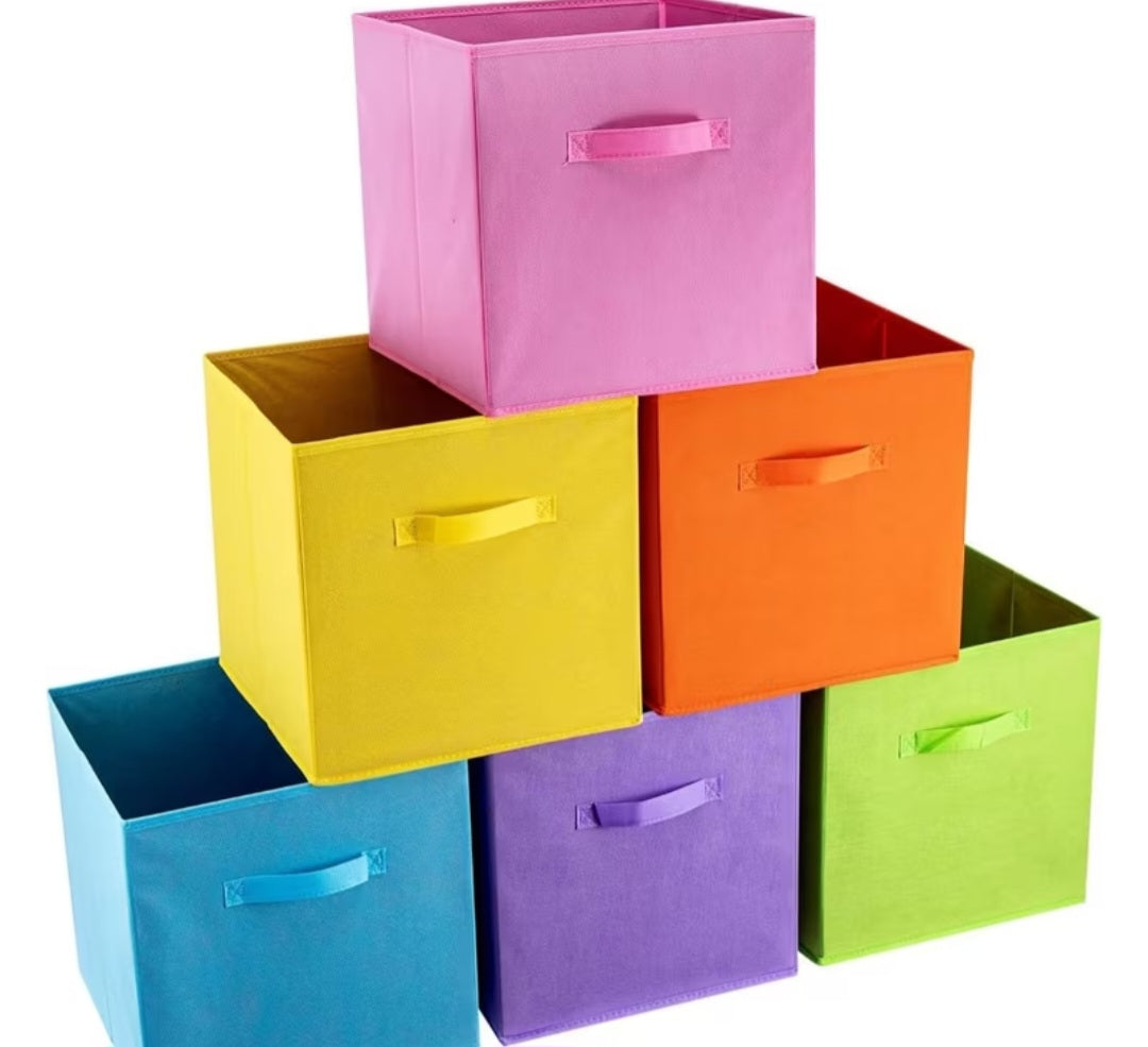 Set of 6 colourful foldable fabric storage cubes in pink, yellow, orange, blue, purple and green