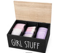 Girl Stuff Wooden Storage Box with hinged lid and three compartments