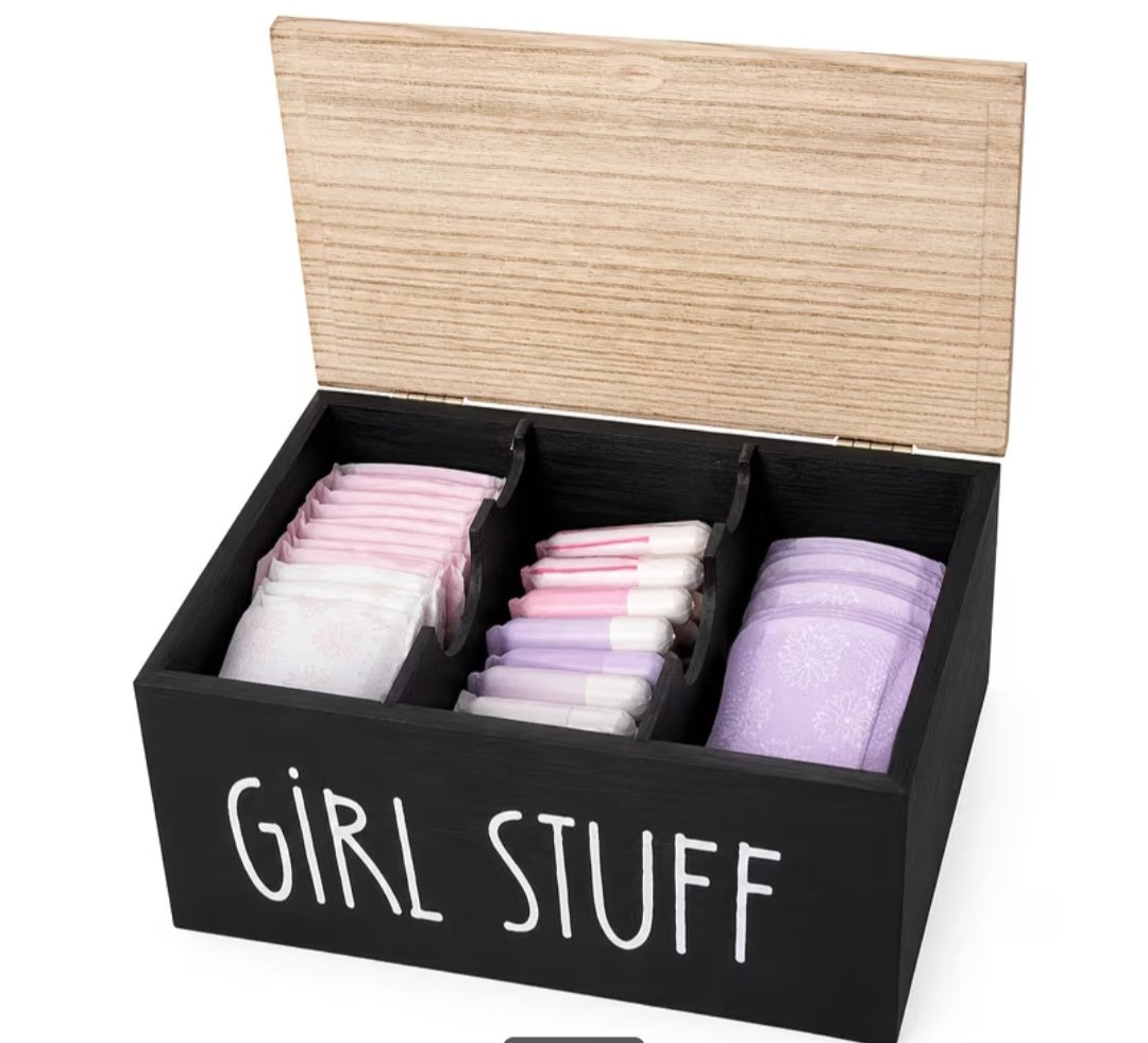 Girl Stuff Wooden Storage Box with hinged lid and three compartments