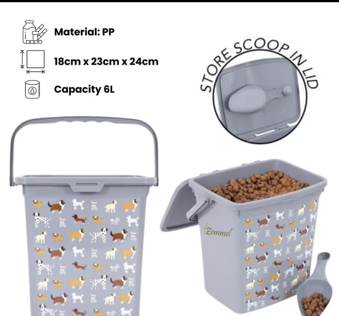 Dog print pet food storage container 6L with scoop and carry handle