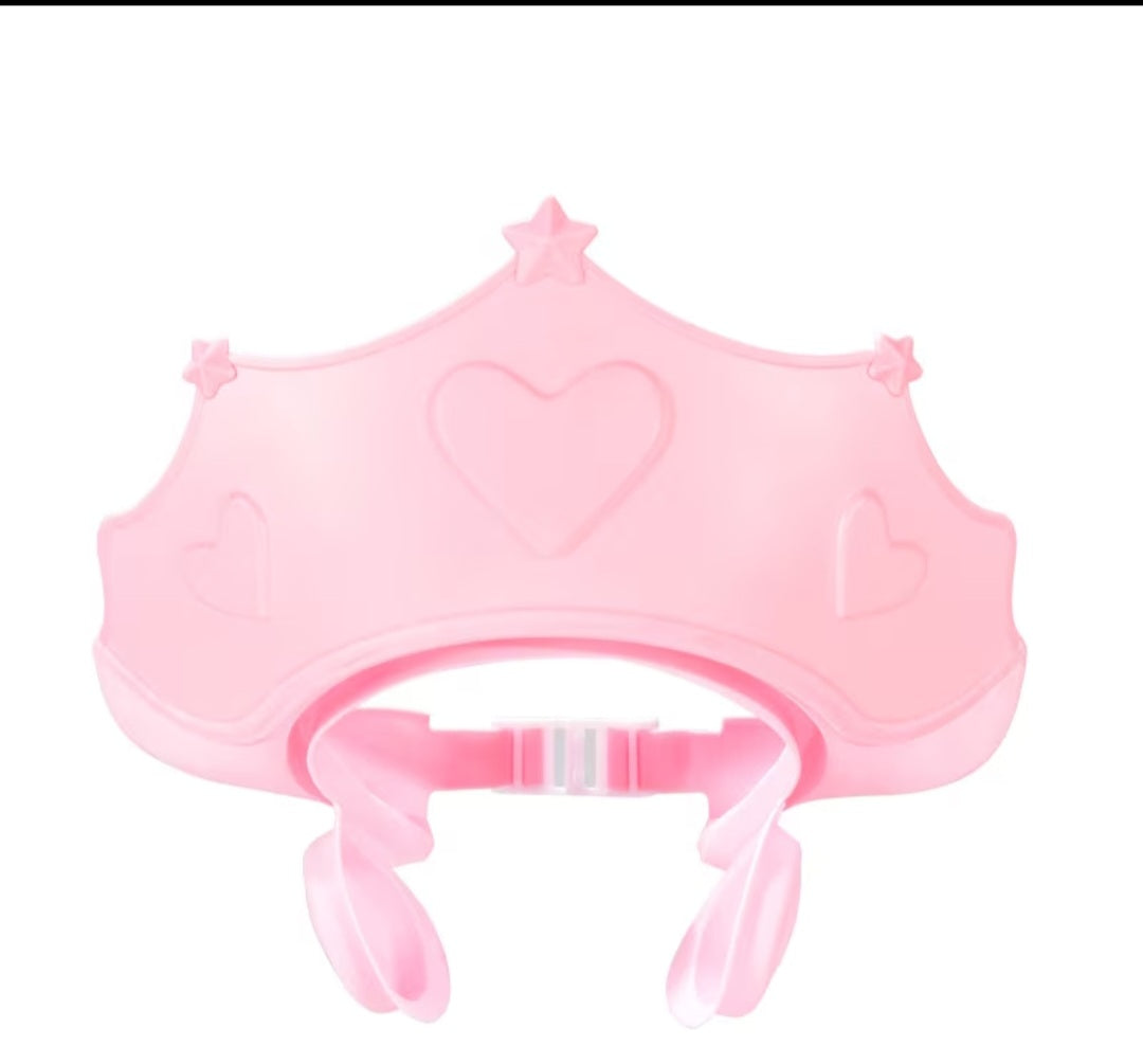 Pink silicone princess crown baby shower cap with adjustable strap and ear clips