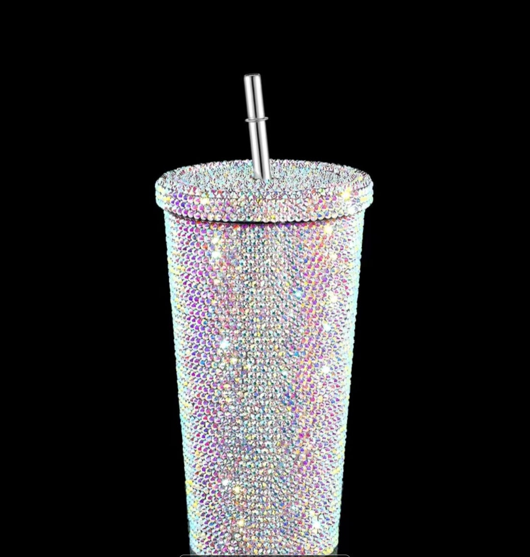Iridescent AB rhinestone crystal tumbler cup with encrusted lid and metal straw