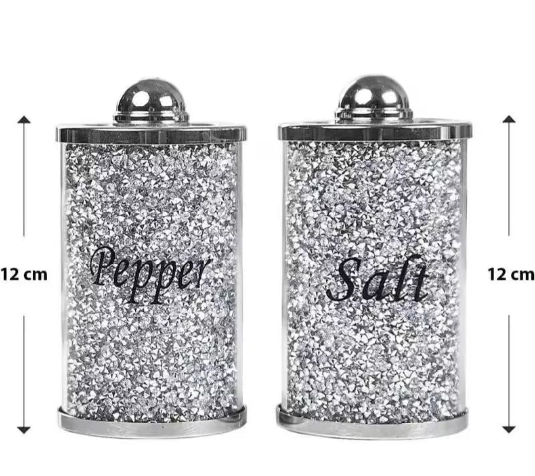 Crushed diamond crystal salt and pepper shaker set with chrome lids, 12cm tall