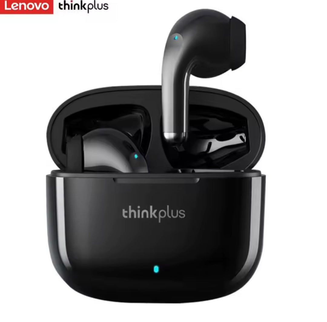 Lenovo ThinkPlus wireless earbuds in black with charging case
