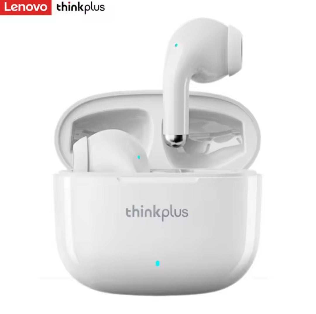 Lenovo ThinkPlus wireless earbuds in white with charging case
