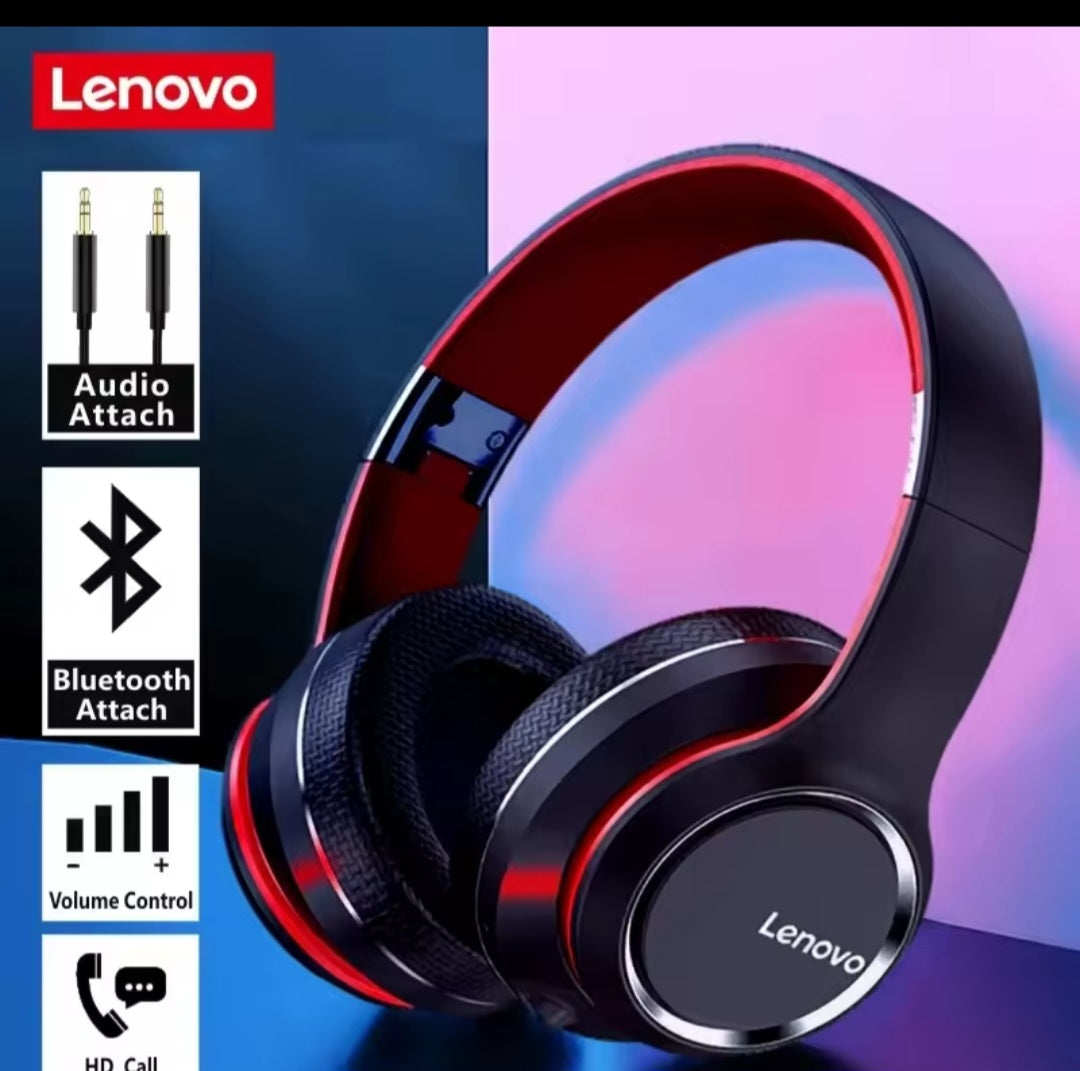 Lenovo wireless Bluetooth over-ear headphones in black and red