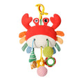 Red crab sensory activity toy with clip, hanging teethers, textured balls and fabric tags