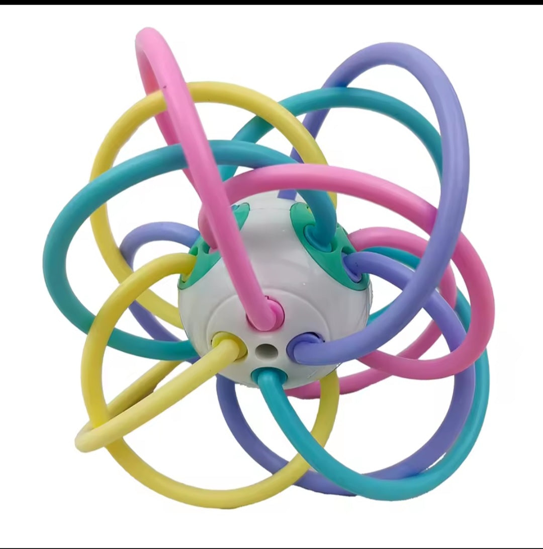Rainbow sensory rattle ball with pastel pink, yellow, teal and lilac loops