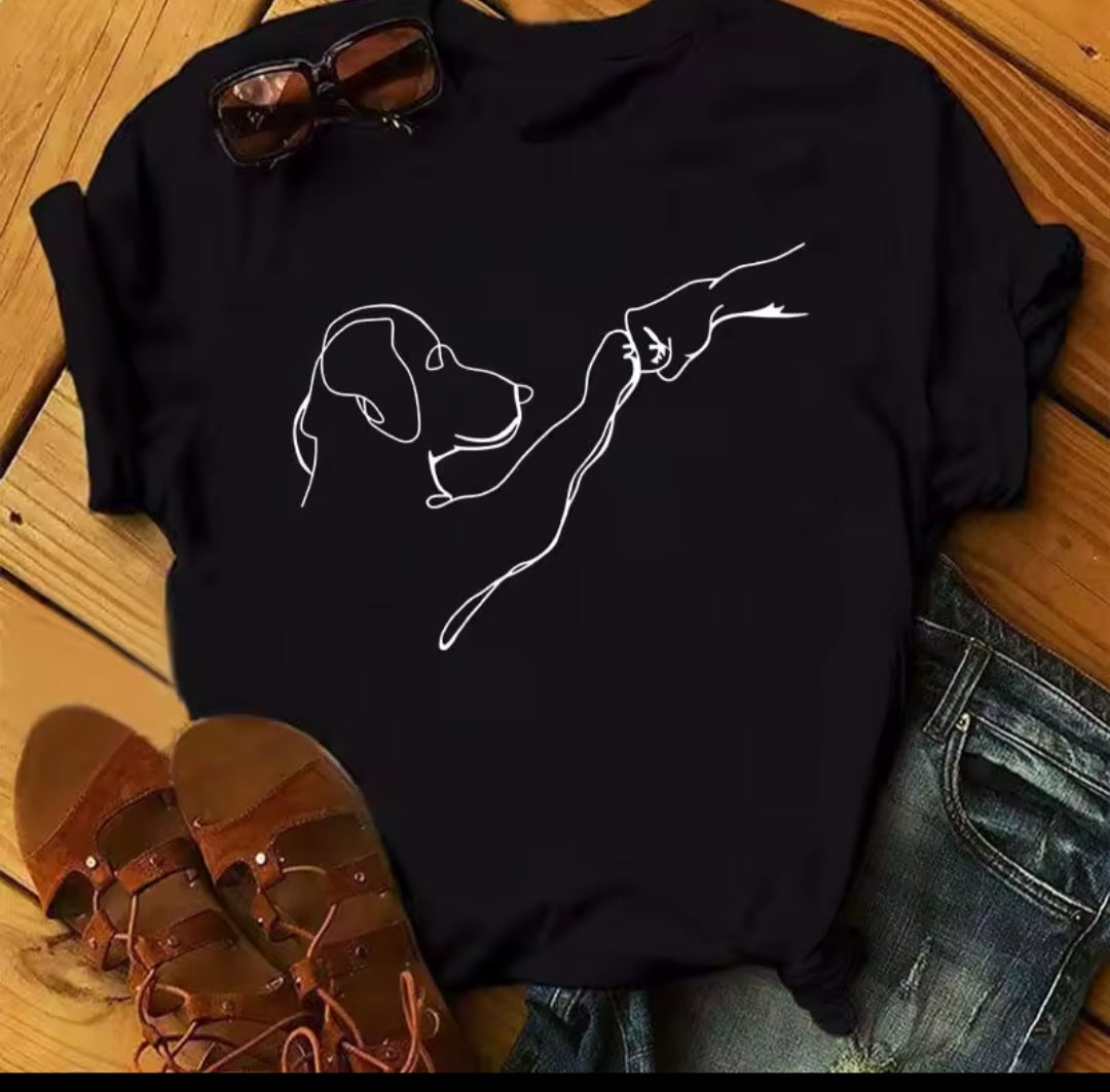 Dog & Me Line Art T-Shirt - black tee with minimalist dog and human line art graphic