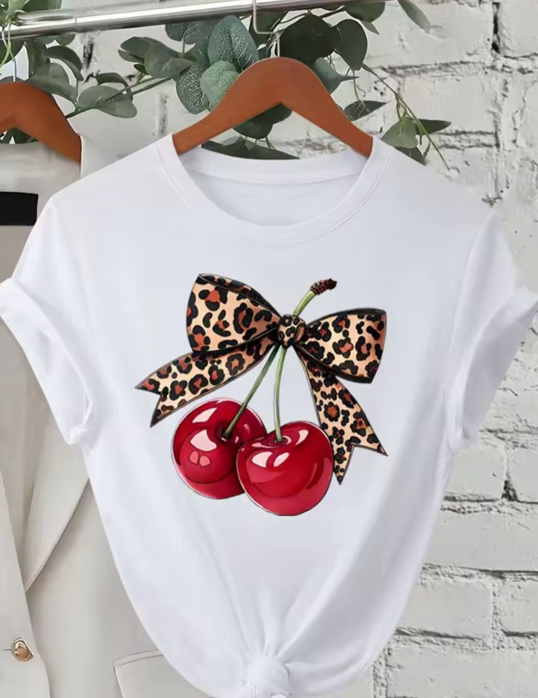 Leopard Cherry T-Shirt - white tee with cherry and leopard bow graphic
