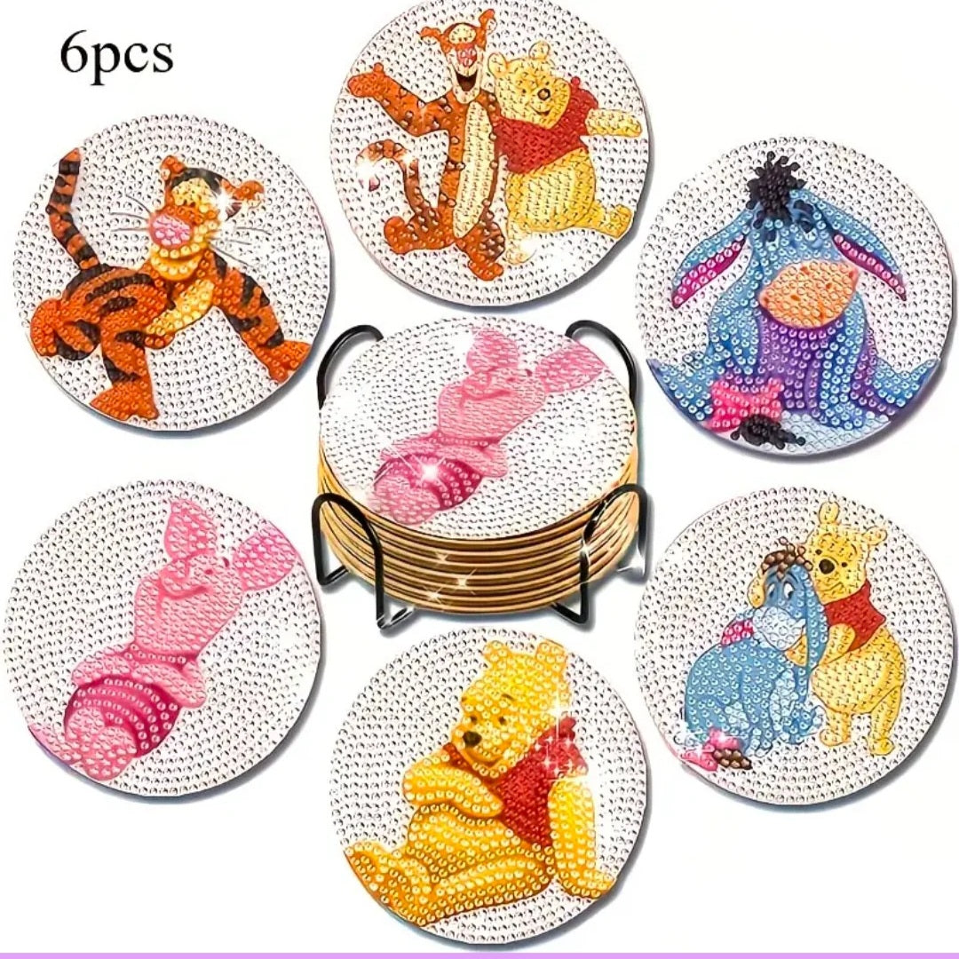 Set of 6 Winnie the Pooh diamond art coasters with metal stand