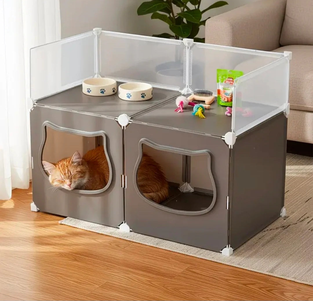 Modular indoor cat house with dual compartments and raised feeding station