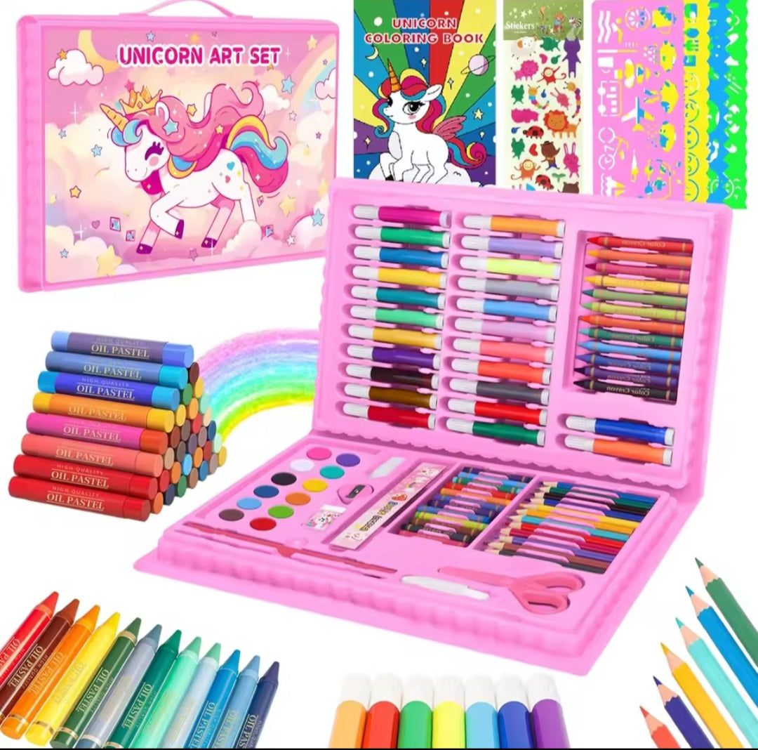 Unicorn art set for kids with carry case, pens, pencils, pastels, paints, stickers and colouring book