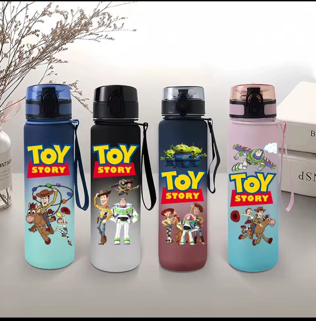 Toy Story character water bottles in 4 designs - blue, grey, dark red and pink