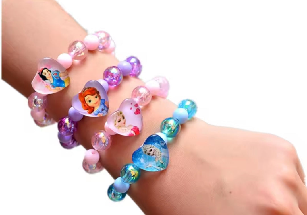 Disney Princess beaded bracelets featuring Snow White, Sofia, Elsa and other princess characters with heart charms
