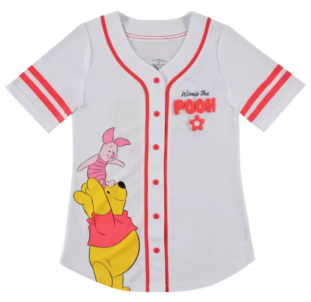 Winnie the Pooh baseball jersey with Piglet graphic, white with red trim